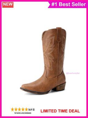 Women's Faux Leather Cowboy Western Boots Mid-Calf Block Heel Pull-On